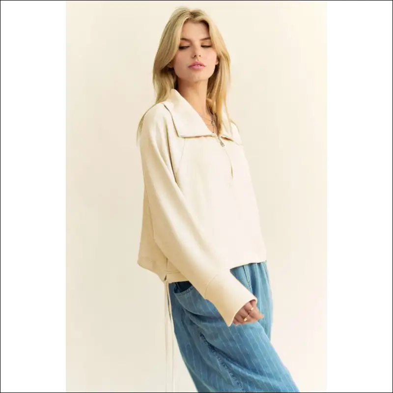 Davi & Dani Chic Drawstring Hem Half Zip Sweatshirt - Sweatshirts Hoodies on Sale Worldwide Shipping