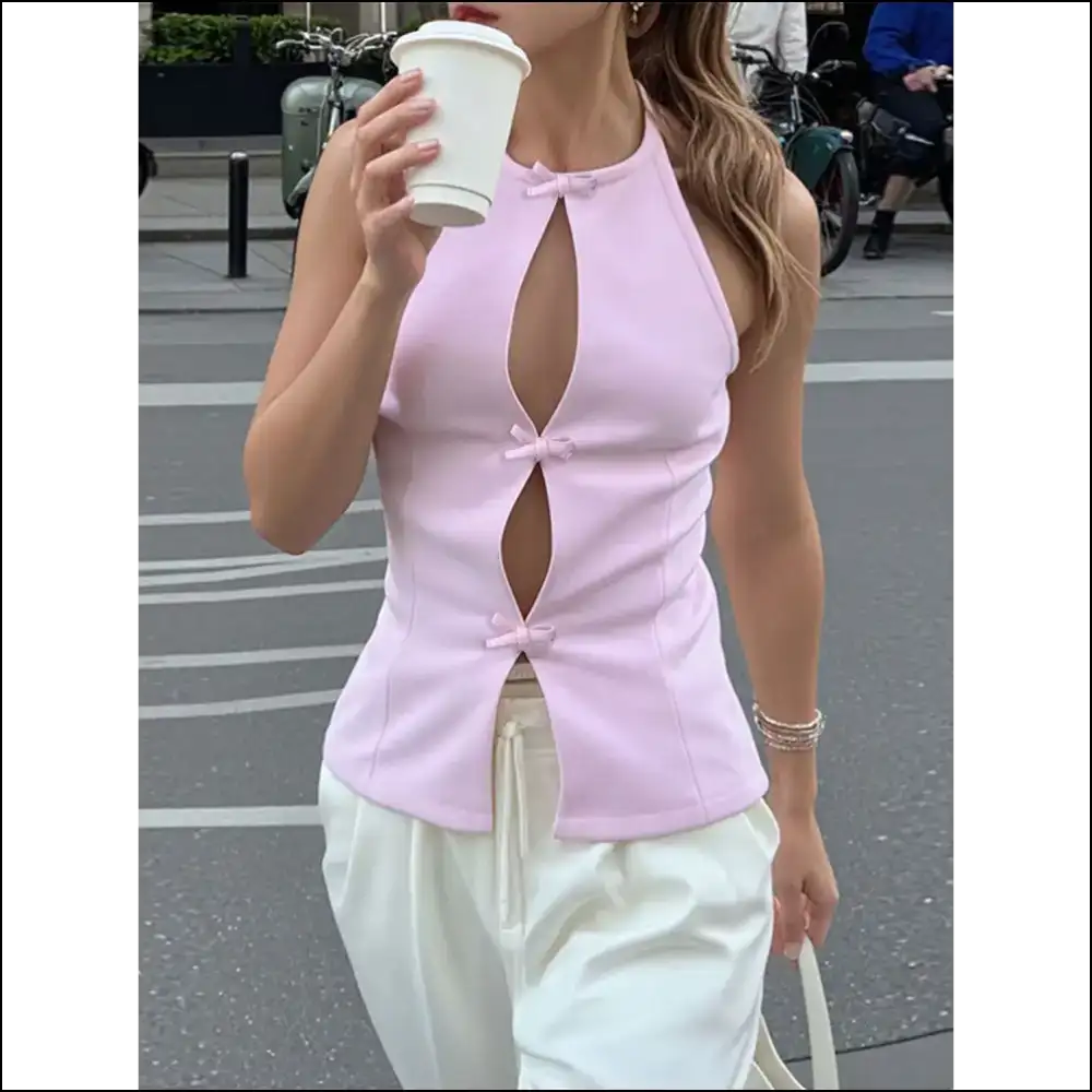 Devine Bow Cutout Round Neck Top - Tank Tops on Sale Worldwide Shipping