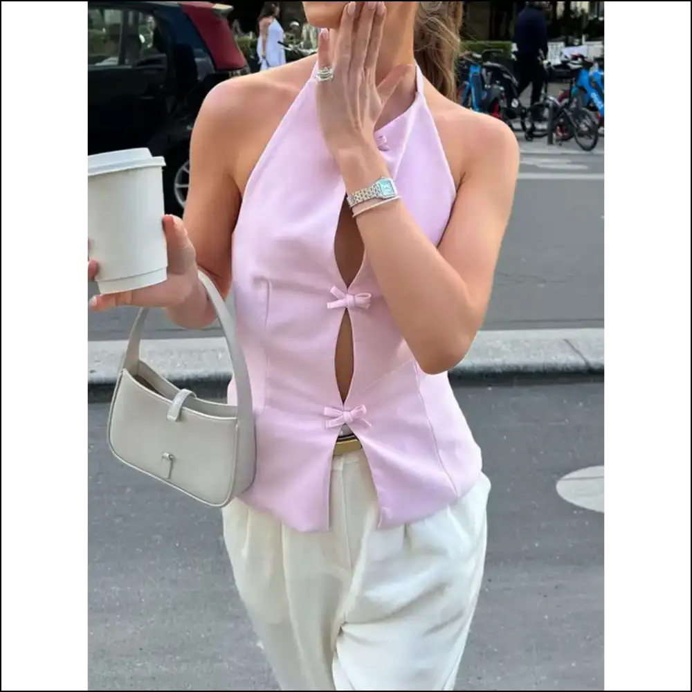 Devine Bow Cutout Round Neck Top - Tank Tops on Sale Worldwide Shipping