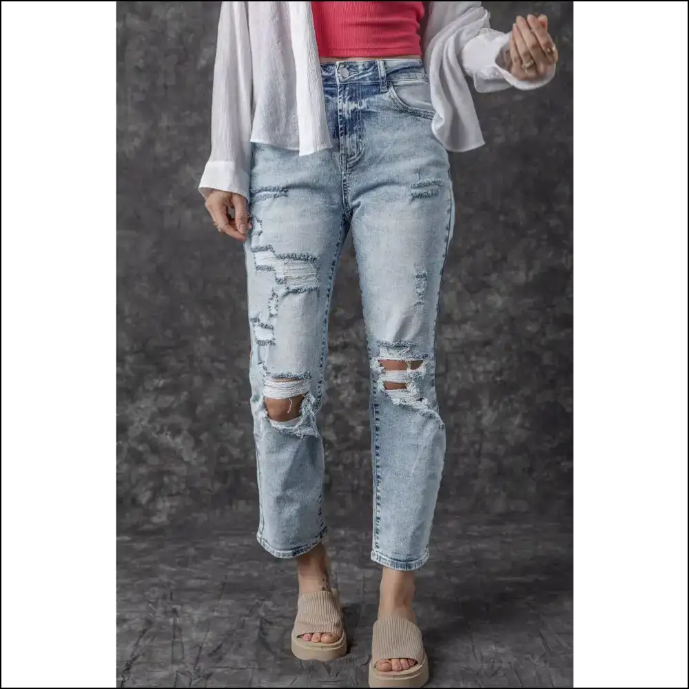 Distressed High Waist Jeans: where your Curves Meet Existential Dread ๐๐ - Light / 10 - Jeans on Sale Worldwide Shipping