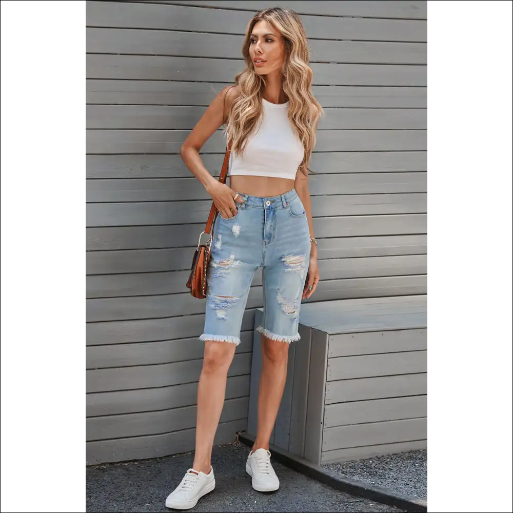 Distressed Raw Hem Denim Bermuda Shorts - Chic & Casual - on Sale Worldwide Shipping