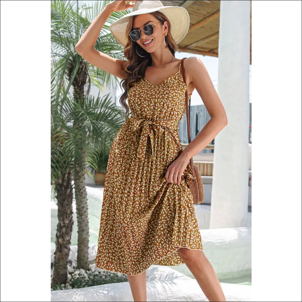 Ditsy Floral Midi Dress with Belt and Spaghetti Straps - Coffee / s - Dresses on Sale Worldwide Shipping