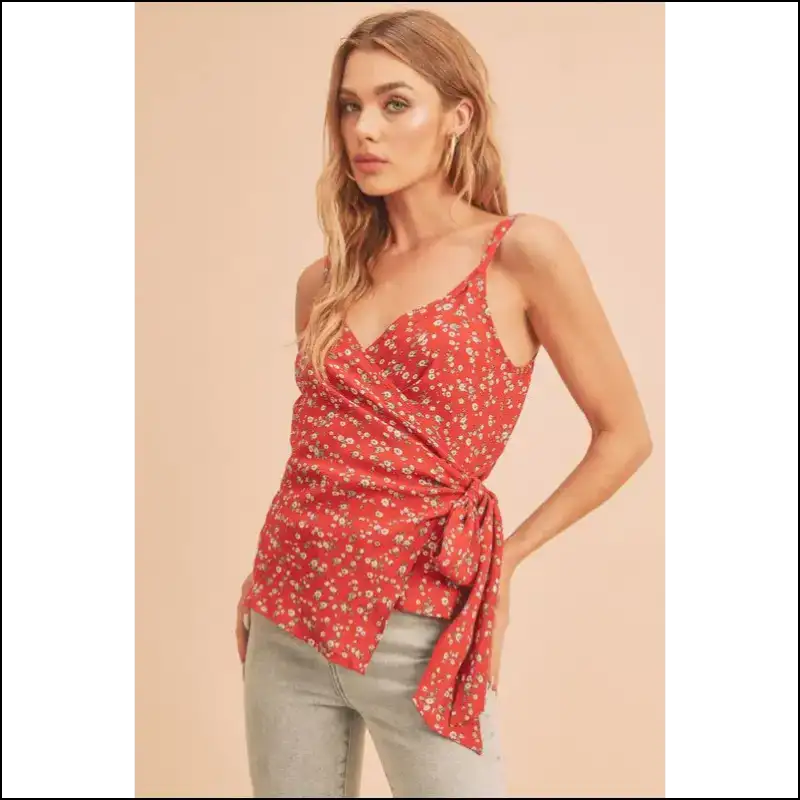 Ditsy Floral Surplice Cami with Adjustable Straps - Red / m - Tank Tops on Sale Worldwide Shipping