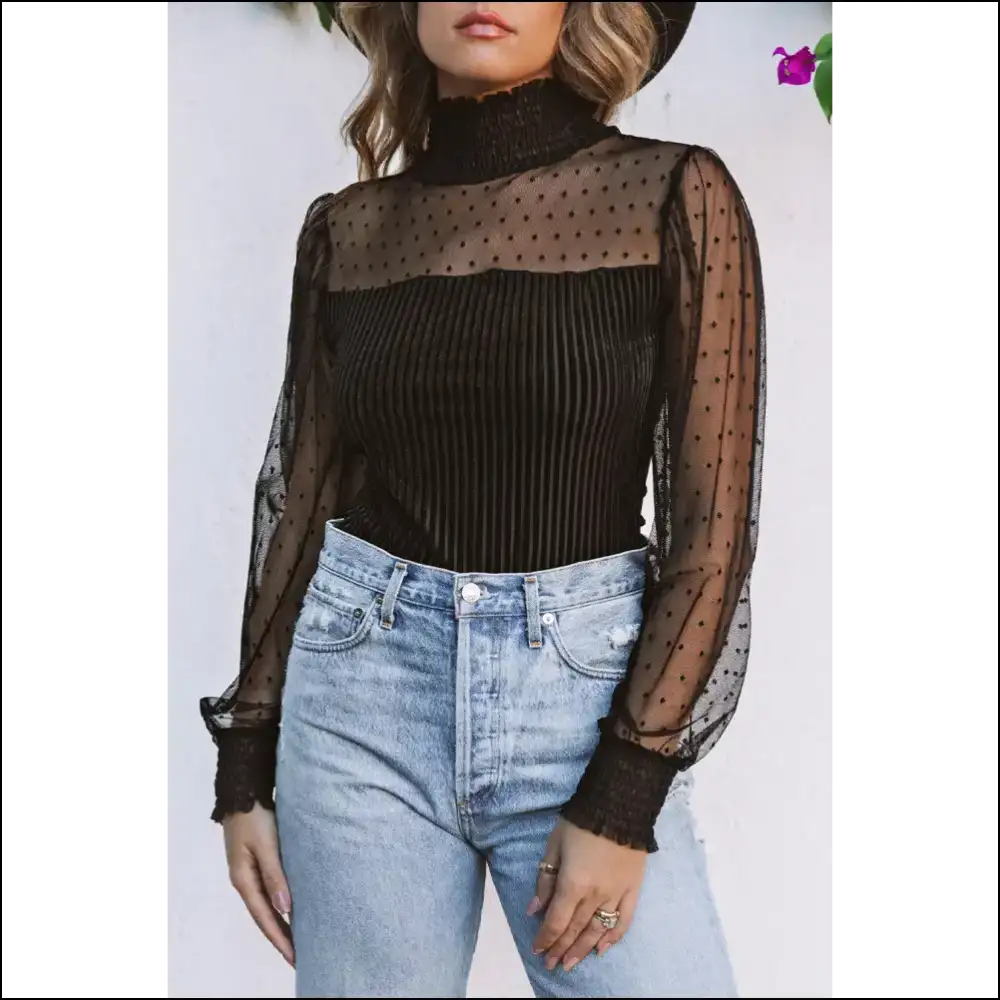 Dotty Puff Sleeve Sheer Bodysuit: i Slay! 😈 Needful Things - Black / s - Bodysuit on Sale Worldwide Shipping