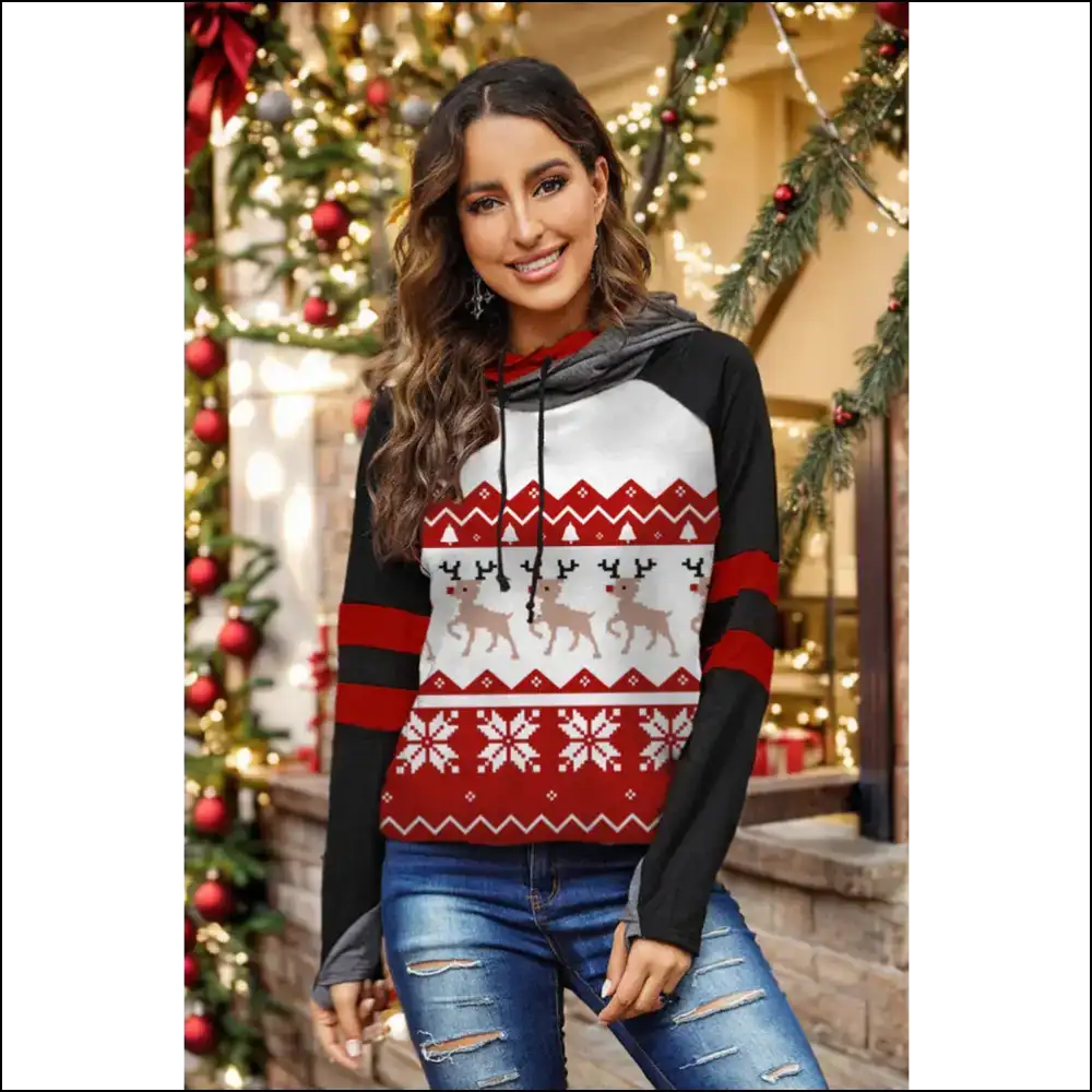 Double Take Holiday Drawstring Hoodie - Hoodies Sweatshirts & on Sale Worldwide Shipping