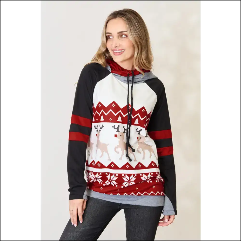 Double Take Holiday Drawstring Hoodie - Red / 2xl - Hoodies Sweatshirts & on Sale Worldwide Shipping