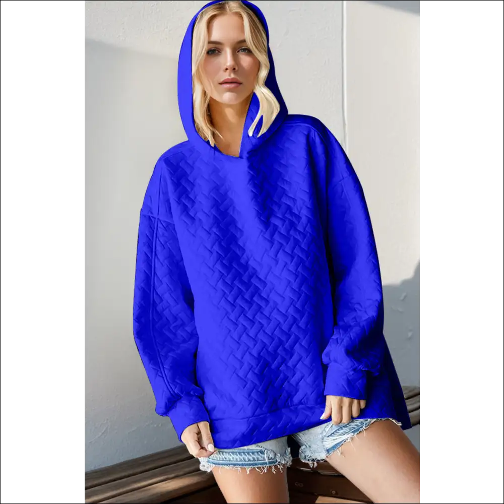 Double Take Textured Drop Shoulder Hoodie - Blue / 2xl - Hoodies Sweatshirts & on Sale Worldwide Shipping