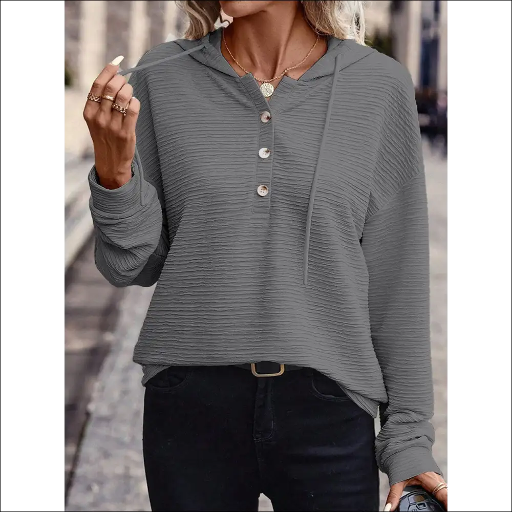 Drawstring Quarter Button Long Sleeve Hoodie - Gray / s - Sweatshirts & Hoodies on Sale Worldwide Shipping