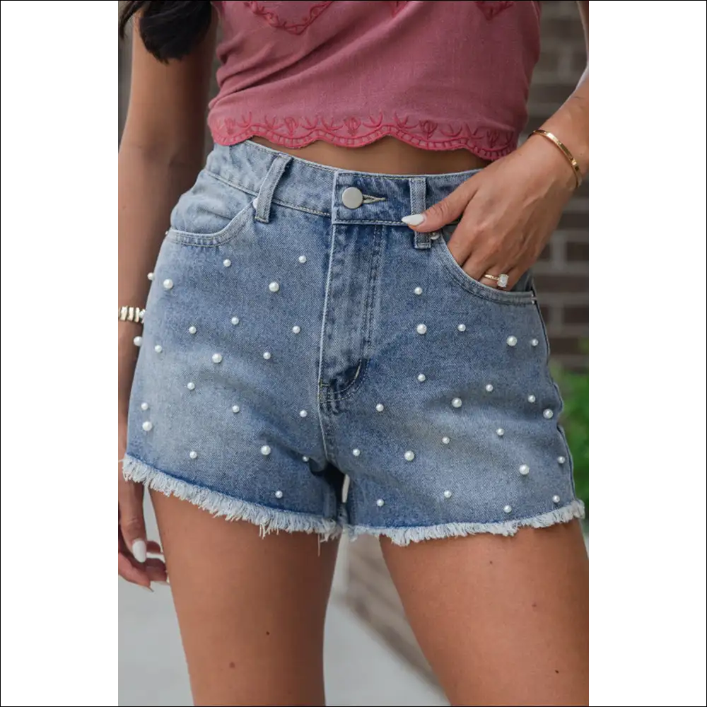 Dusk Blue Pearl Beaded Denim Shorts - 4 - on Sale Worldwide Shipping