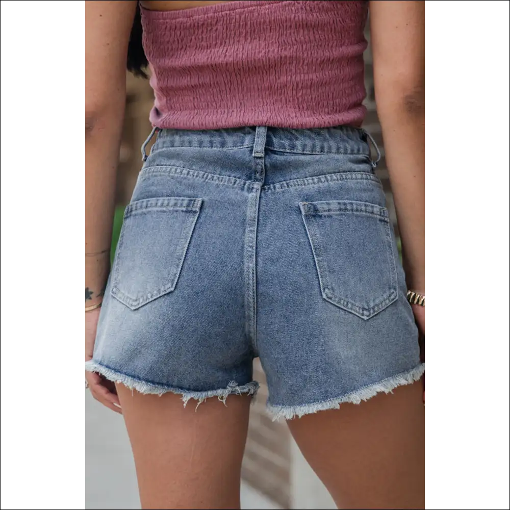 Dusk Blue Pearl Beaded Denim Shorts - on Sale Worldwide Shipping
