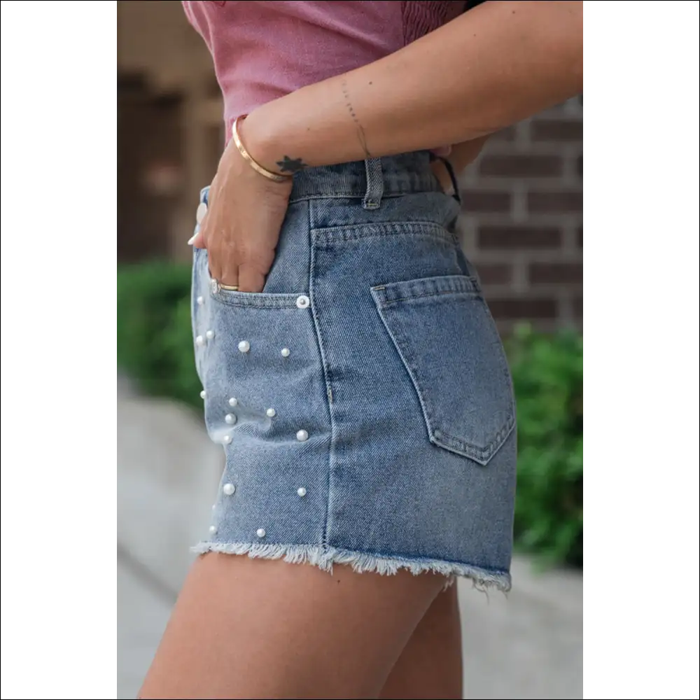 Dusk Blue Pearl Beaded Denim Shorts - on Sale Worldwide Shipping