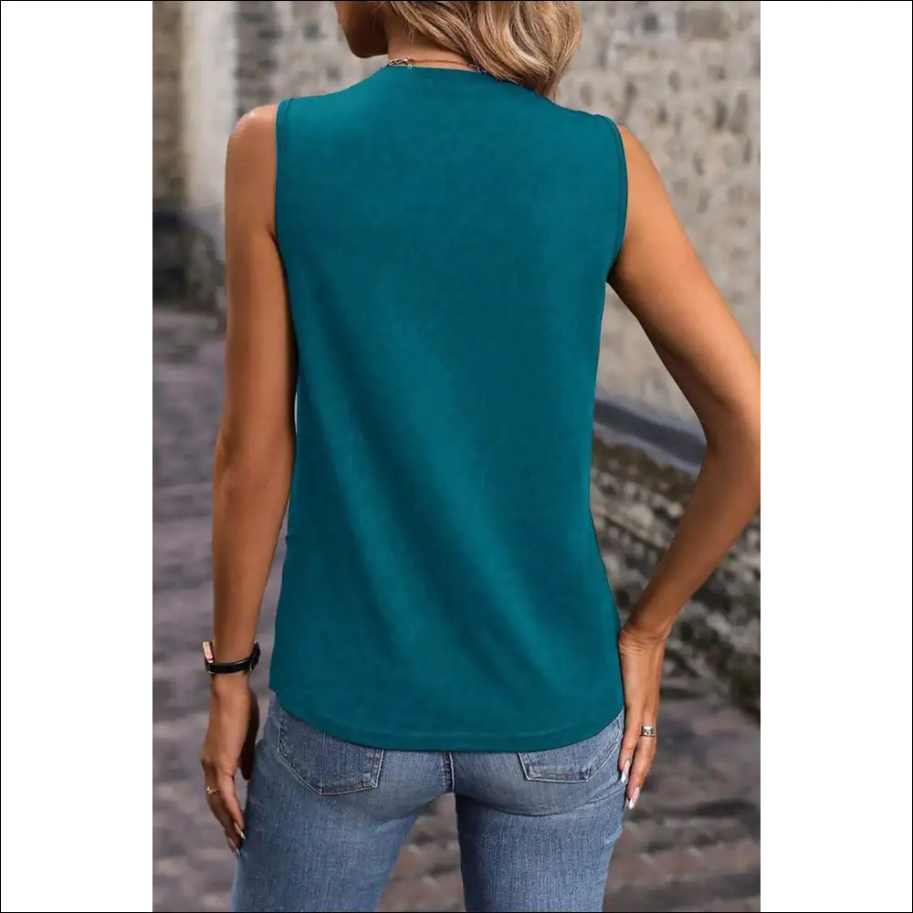 Elegant Blue Sapphire Round Neck Tank Top with Stitching Detail - Tops on Sale Worldwide Shipping