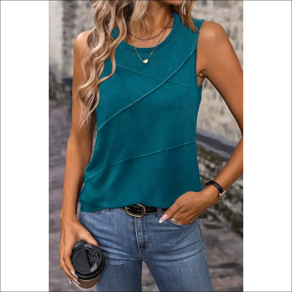 Elegant Blue Sapphire Round Neck Tank Top with Stitching Detail - s - Tops on Sale Worldwide Shipping