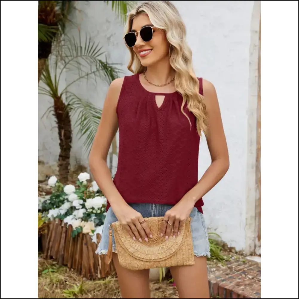Eyelet Cutout Round Neck Tank - Chic and Stylish - Burgundy / s - Tops on Sale Worldwide Shipping