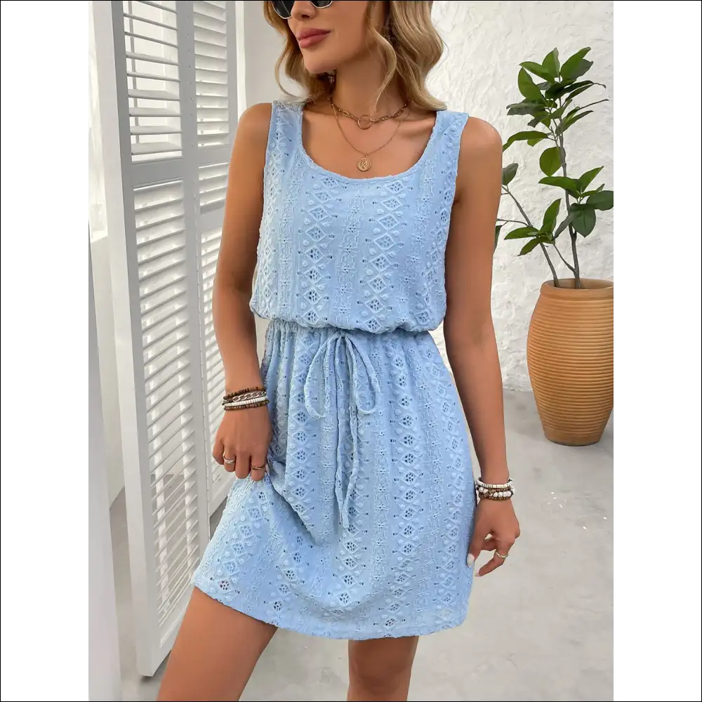 Chic Eyelet Drawstring Round Neck Sleeveless Dress - Light Blue / Xl - Dresses on Sale Worldwide Shipping