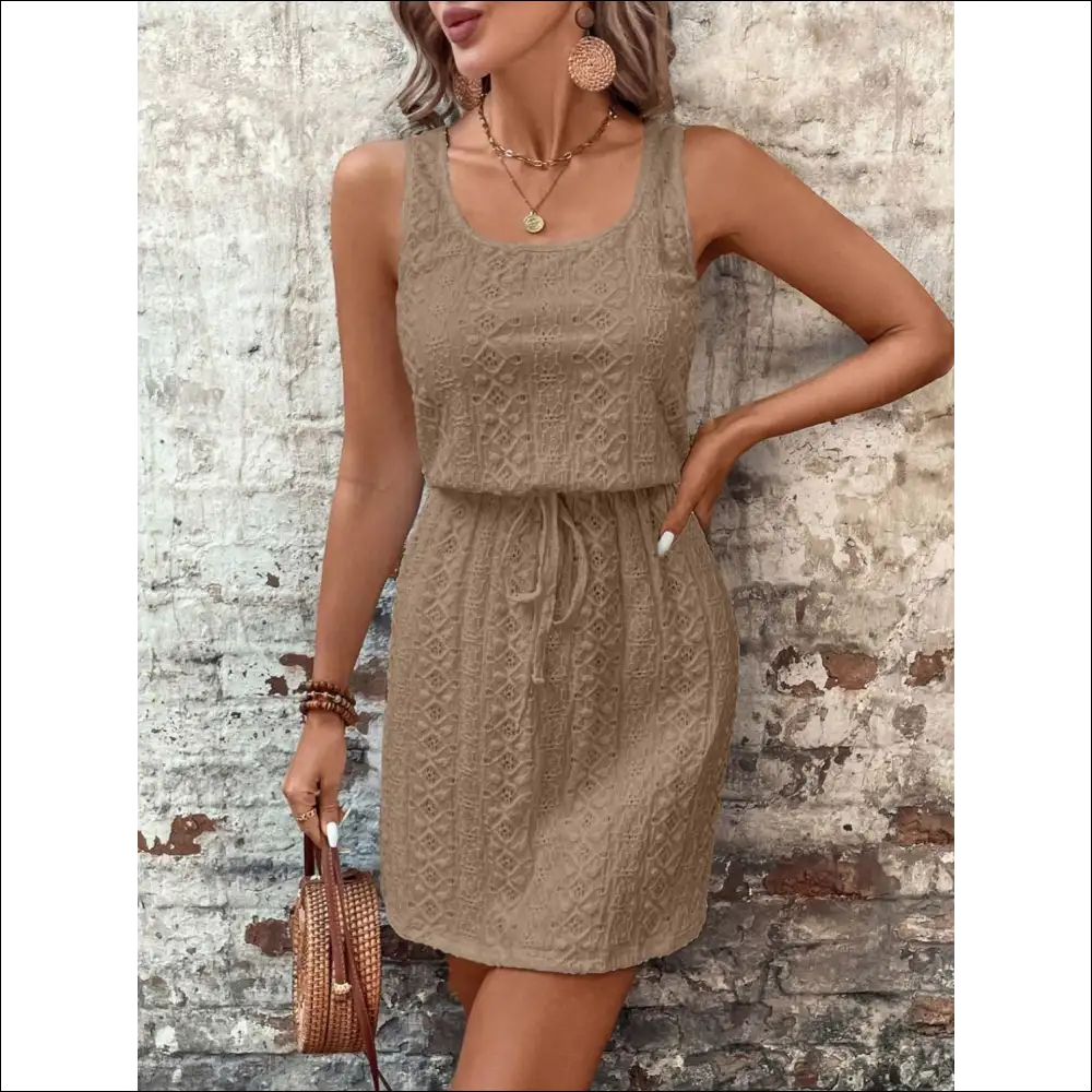 Chic Eyelet Drawstring Round Neck Sleeveless Dress - Taupe / s - Dresses on Sale Worldwide Shipping
