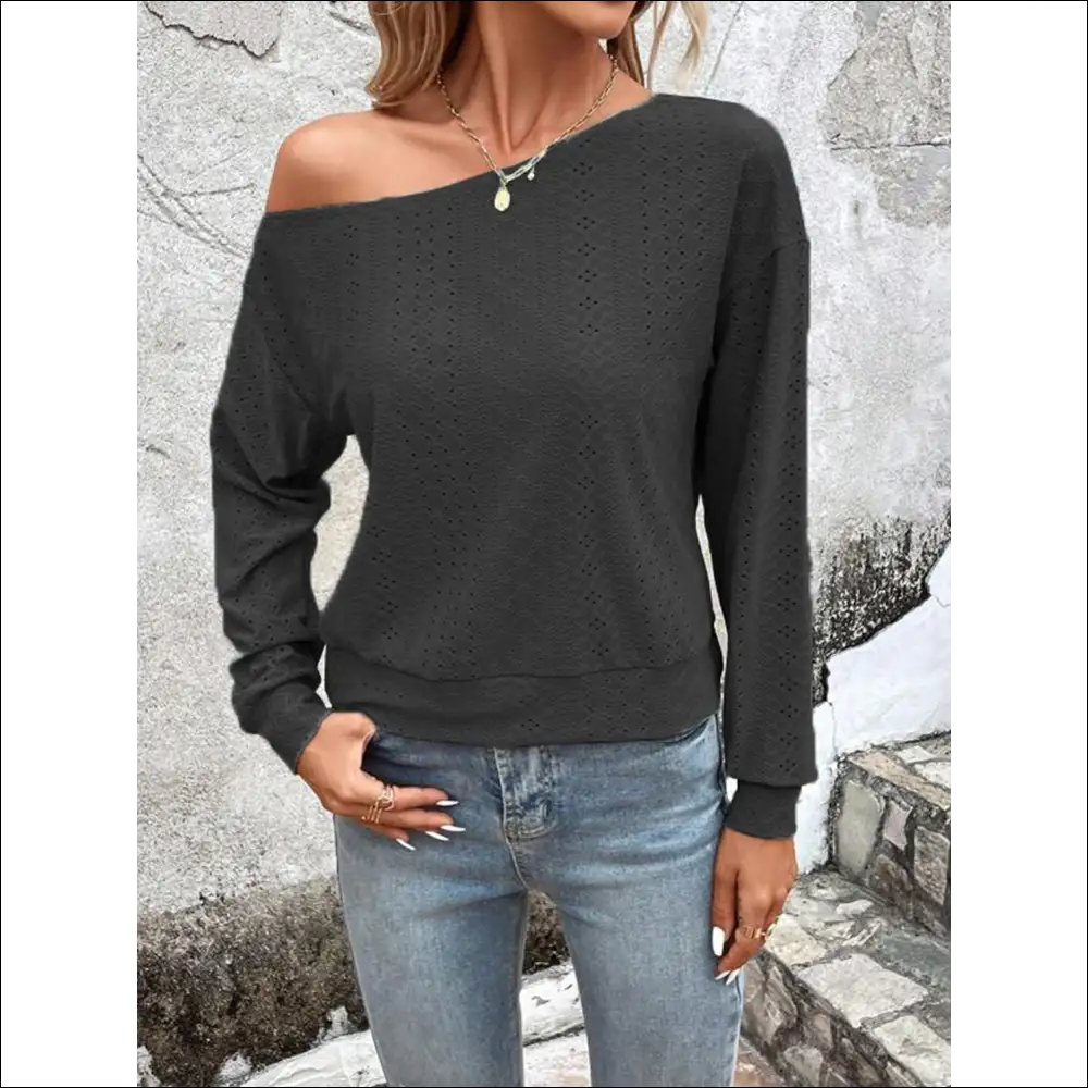 Chic Eyelet Dropped Shoulder Blouse - Black / s - Blouses on Sale Worldwide Shipping