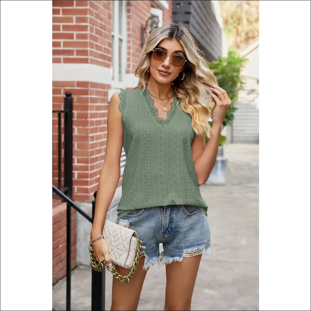 Eyelet Lace Trim Tank Tops: where Class Meets Confidence and Sass! 💁♀️✨ - Tops on Sale Worldwide Shipping