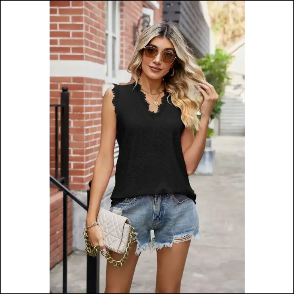 Eyelet Lace Trim Tank Tops: where Class Meets Confidence and Sass! 💁♀️✨ - Tops on Sale Worldwide Shipping