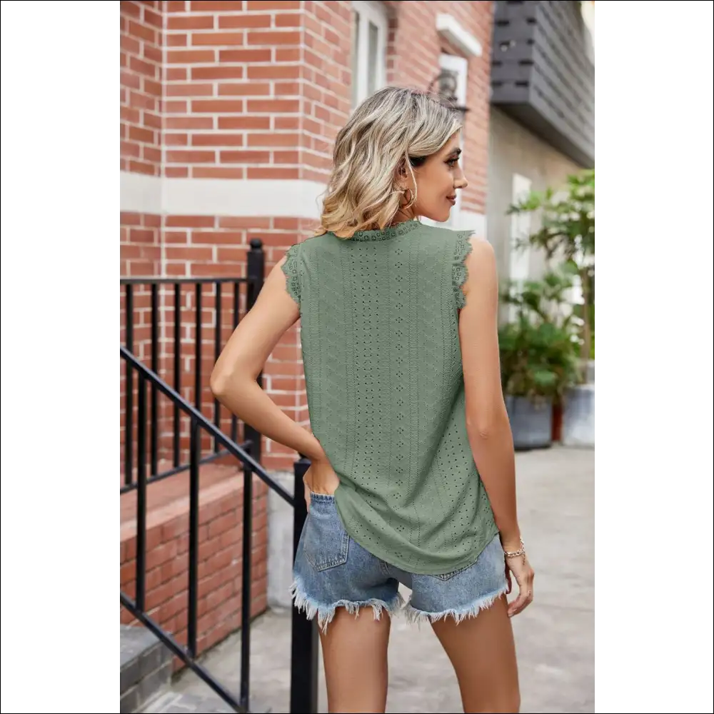 Eyelet Lace Trim Tank Tops: where Class Meets Confidence and Sass! 💁♀️✨ - Tops on Sale Worldwide Shipping