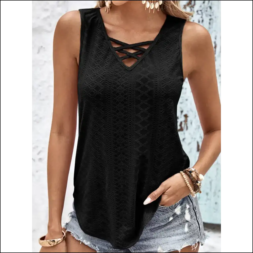 Eyelet Wide Strap Tank - Black / s - Tops on Sale Worldwide Shipping