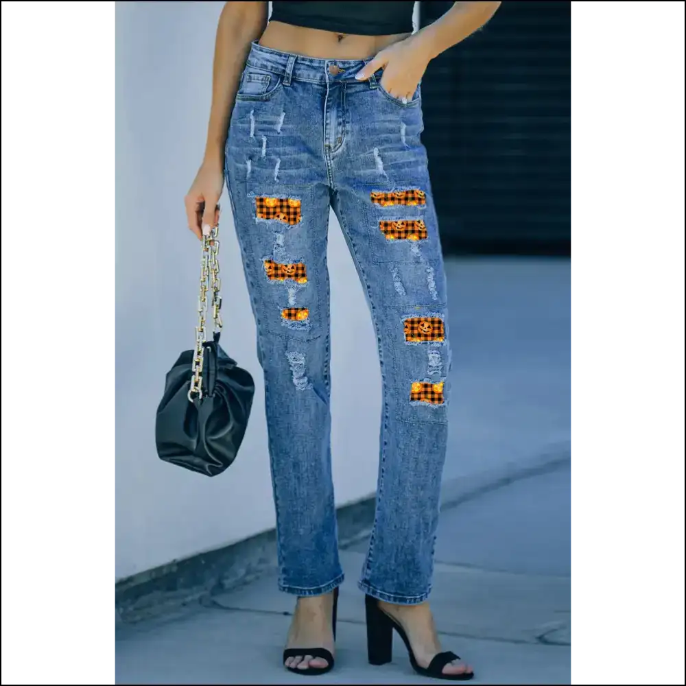 Fall Into Fashion with Distressed Pumpkin Pattern Jeans - Spooktacular Style! π - on Sale Worldwide Shipping