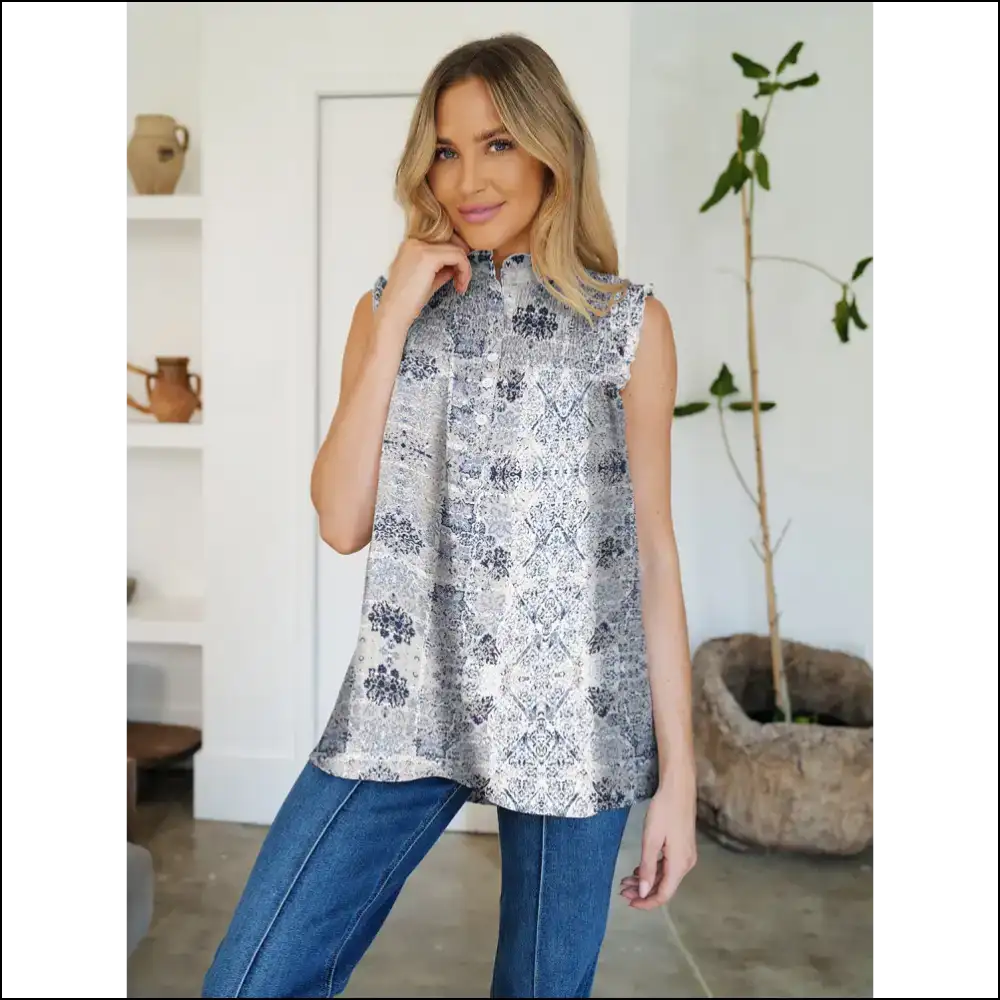 Fam-fam Frill Printed Mock Neck Top - Gray / s - Tank Tops on Sale Worldwide Shipping