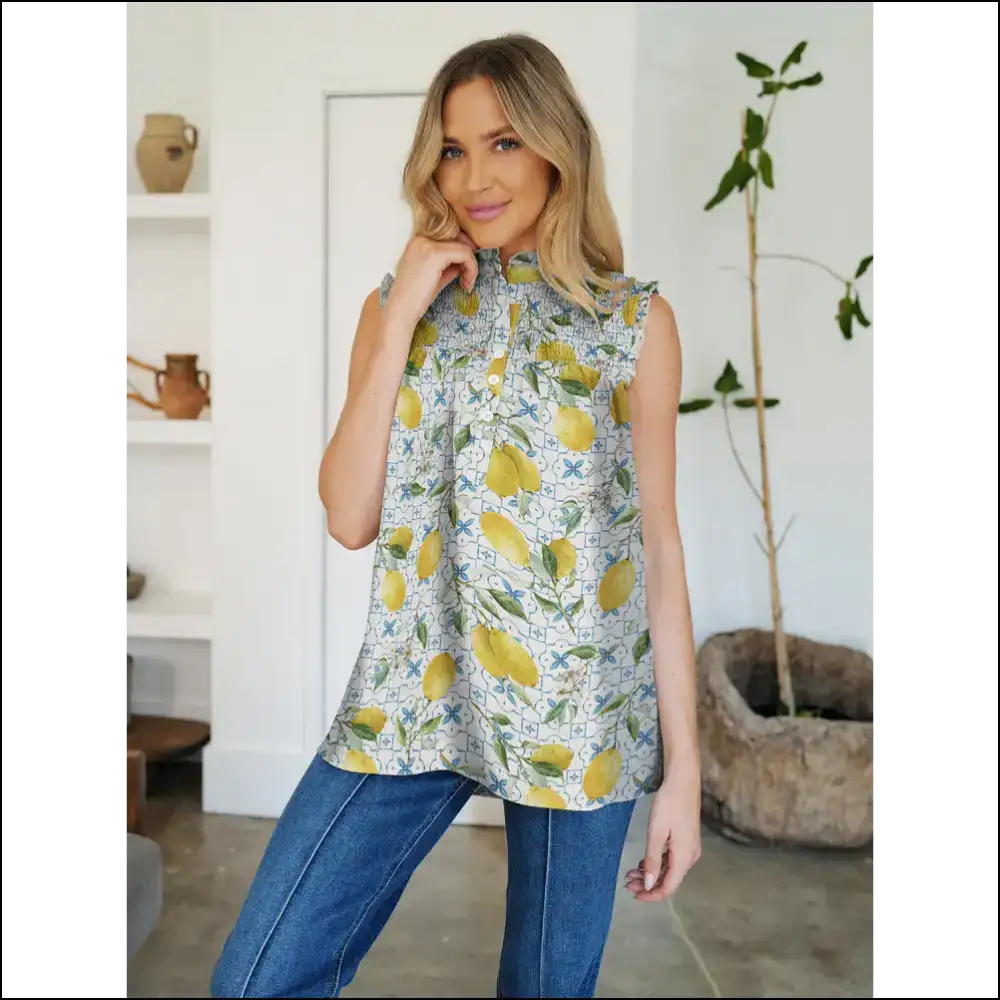 Fam-fam Frill Printed Mock Neck Top - Green / s - Tank Tops on Sale Worldwide Shipping