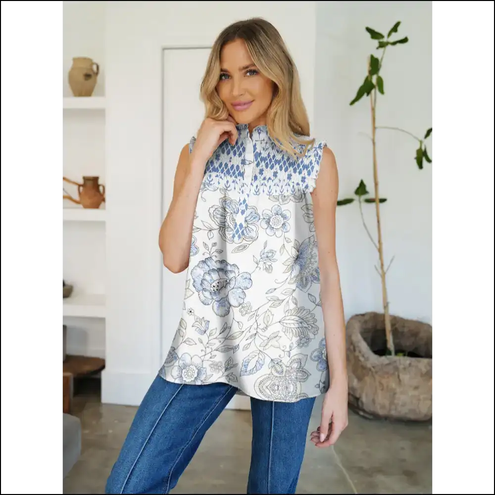 Fam-fam Frill Printed Mock Neck Top - Light Blue / s - Tank Tops on Sale Worldwide Shipping