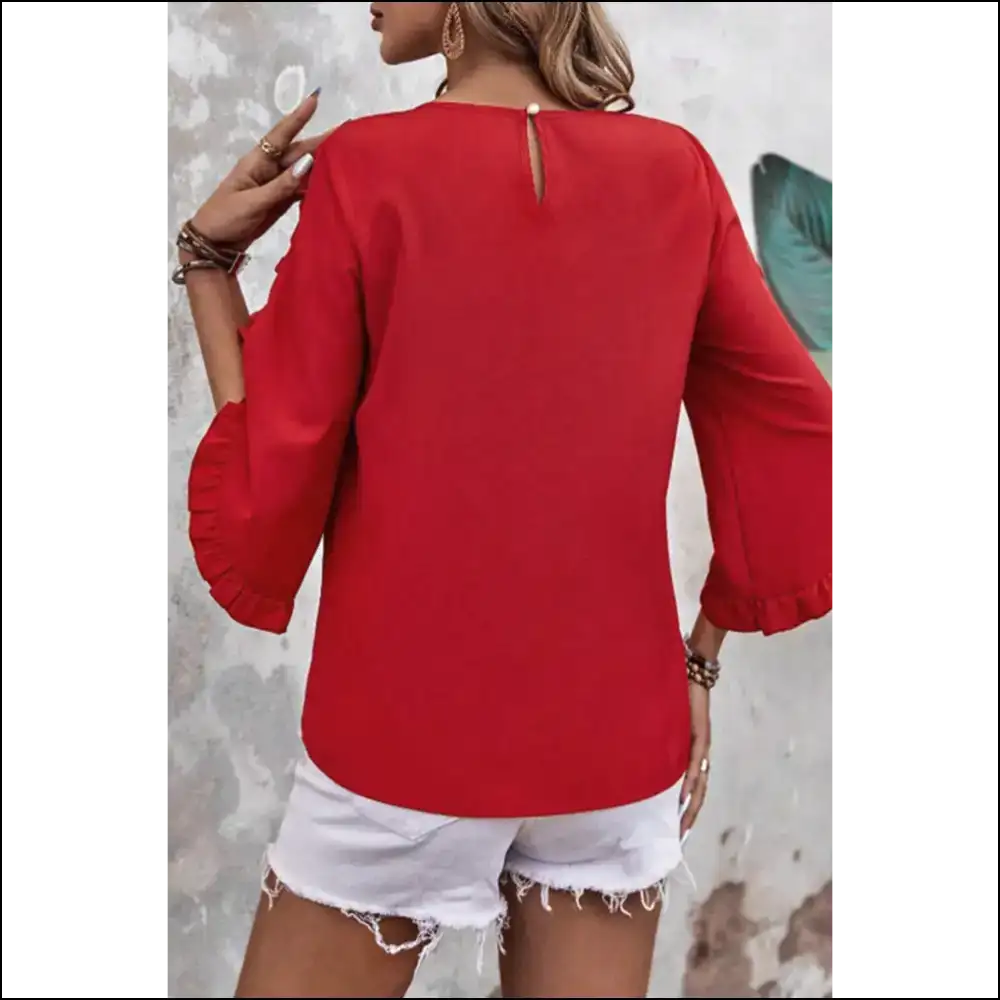 Fiery Red Frill Trim Tulip Sleeve Blouse: Warning May Cause Excessive Stares ?️ Needful Things - Blouses on Sale Worldwide Shipping