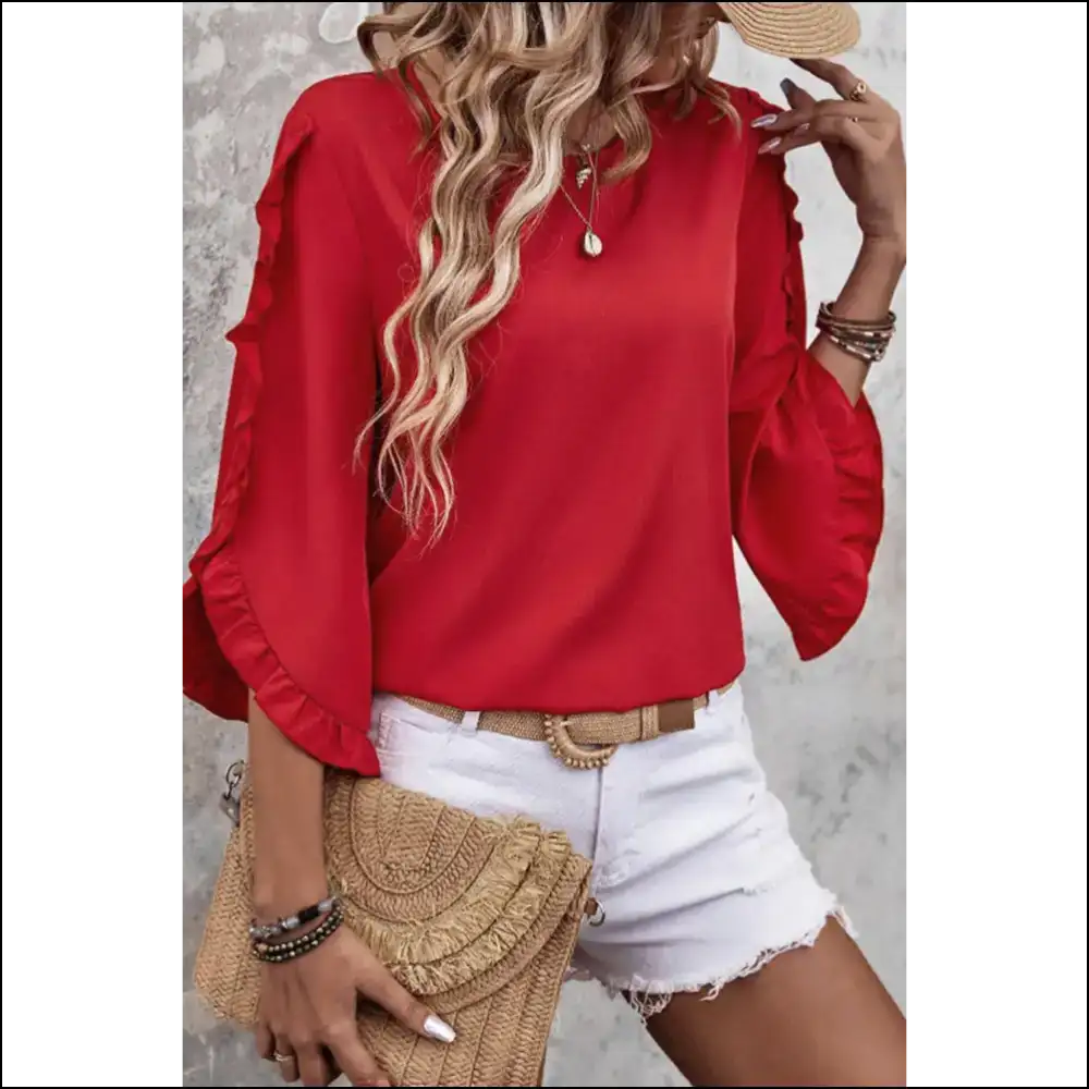 Fiery Red Frill Trim Tulip Sleeve Blouse: Warning May Cause Excessive Stares ?️ Needful Things - Blouses on Sale Worldwide Shipping