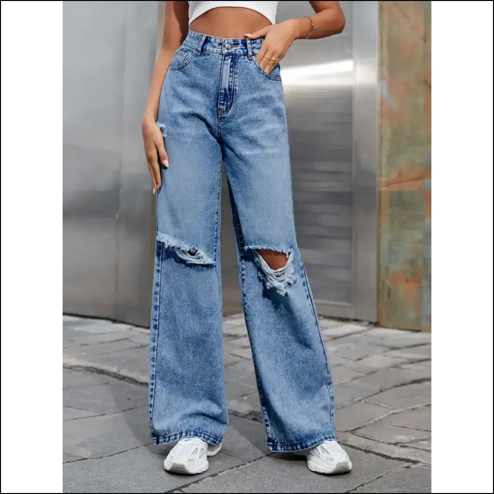 Flaunt your Fabulous Self in Chic Distressed Wide Leg Jeans at Needful Things! 😎✨ - on Sale Worldwide Shipping