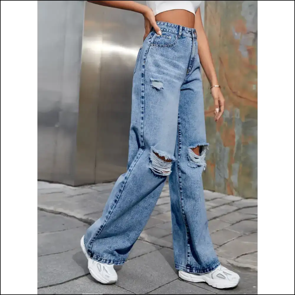 Flaunt your Fabulous Self in Chic Distressed Wide Leg Jeans at Needful Things! 😎✨ - on Sale Worldwide Shipping