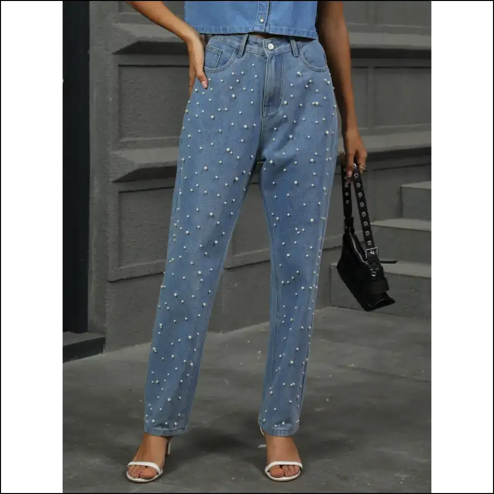 Flaunt your Fabulousness in Needful Things Pearl Detail Straight Jeans! 😍👖 - Sage / s - Jeans on Sale Worldwide Shipping