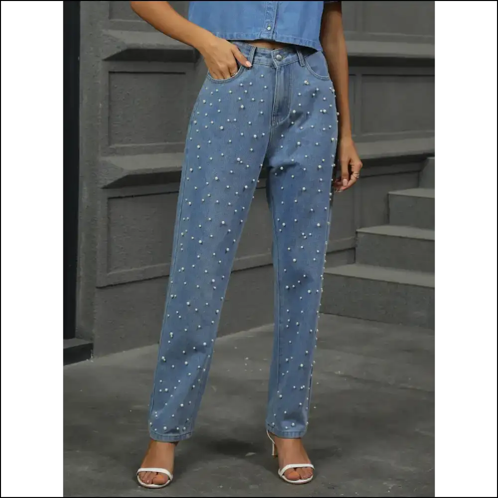 Flaunt your Fabulousness in Needful Things Pearl Detail Straight Jeans! 😍👖 - Jeans on Sale Worldwide Shipping
