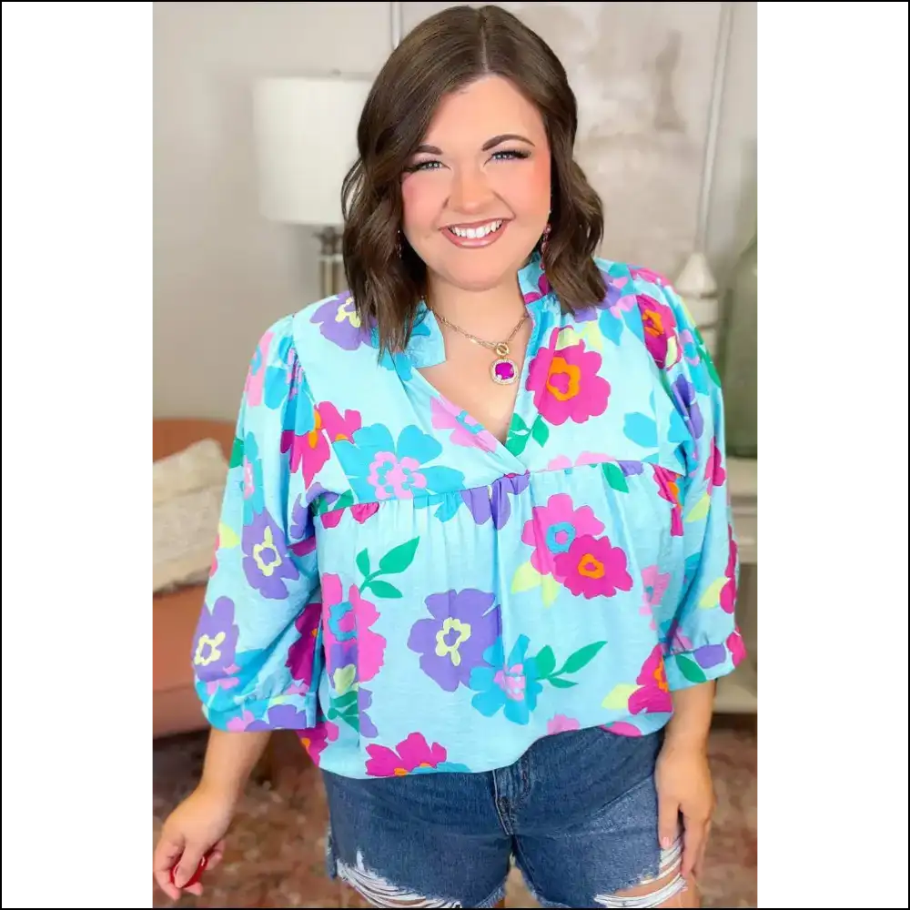 Floral Babydoll Blouse: Light Blue Big Mood Blooms π Needful Things - Plus Size Tops on Sale Worldwide Shipping