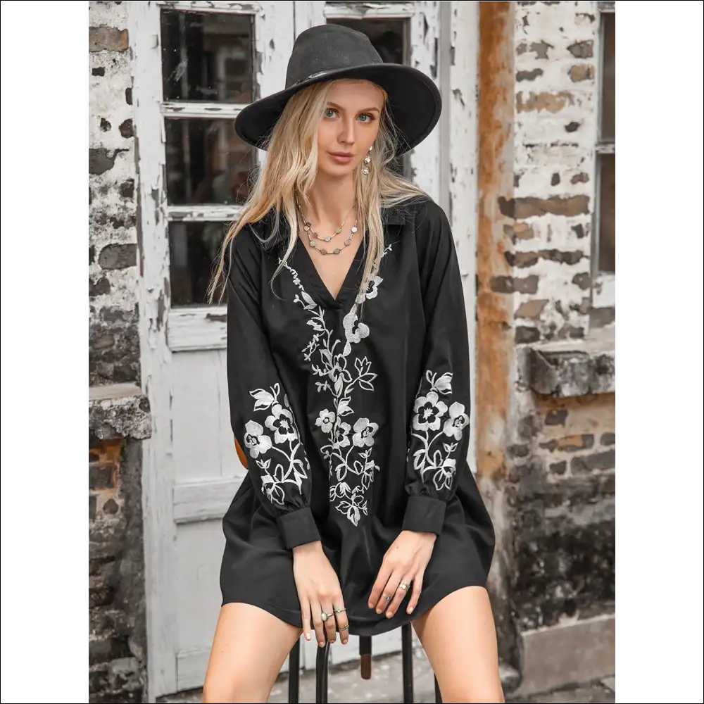 Floral Collared Neck Long Sleeve Dress - Black / s - Dresses on Sale Worldwide Shipping