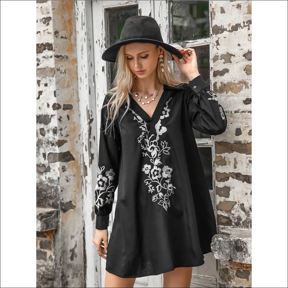 Floral Collared Neck Long Sleeve Dress - Dresses on Sale Worldwide Shipping