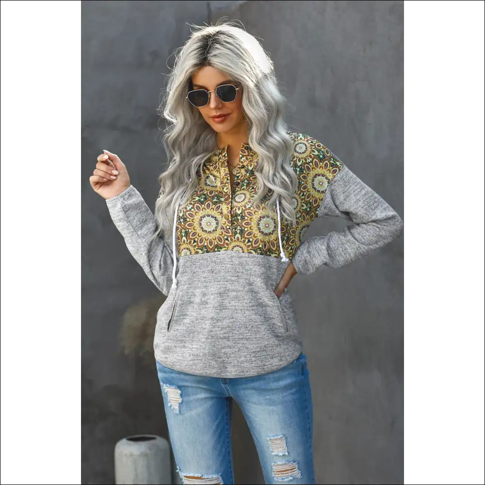 Floral Drawstring Half Snap Hoodie - Hoodies Sweatshirts & on Sale Worldwide Shipping