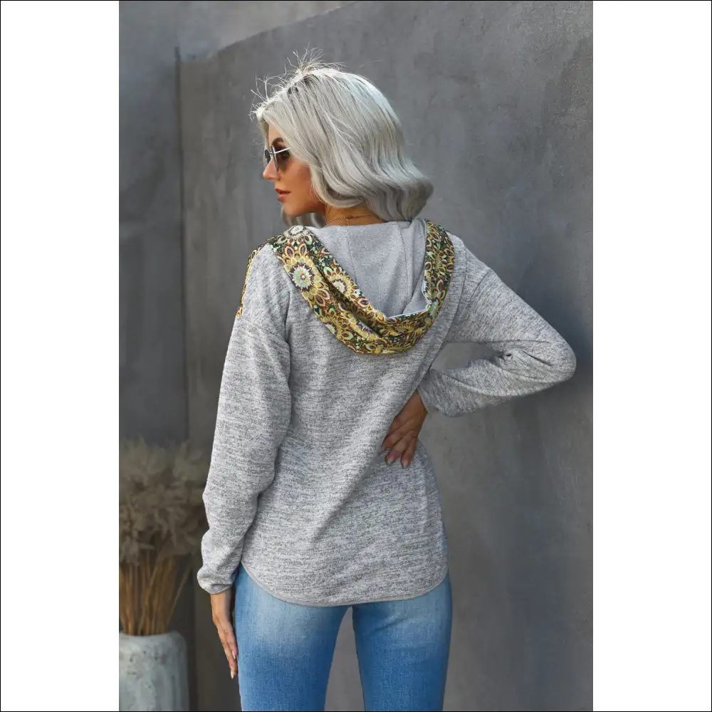 Floral Drawstring Half Snap Hoodie - Hoodies Sweatshirts & on Sale Worldwide Shipping
