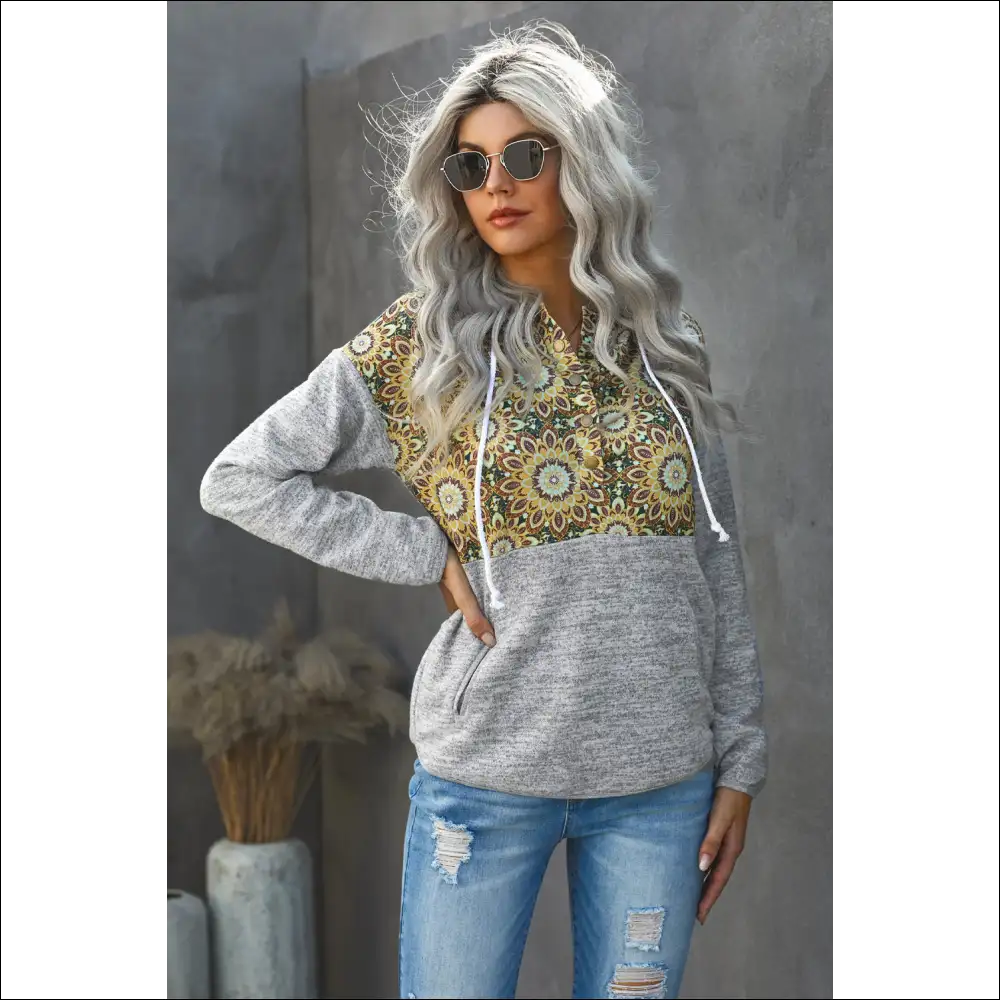 Floral Drawstring Half Snap Hoodie - Hoodies Sweatshirts & on Sale Worldwide Shipping