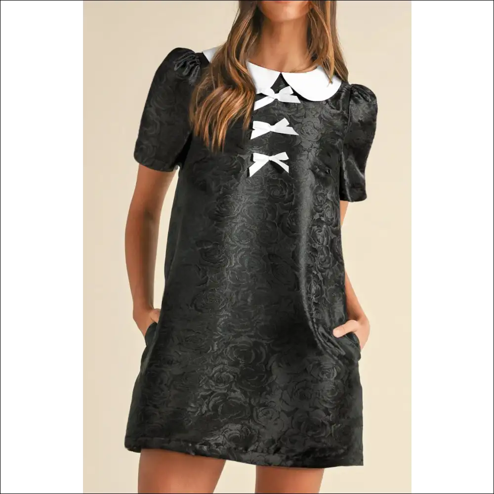 Floral Embossed Puff Sleeve Mini Dress with Bow Collar - Dresses on Sale Worldwide Shipping