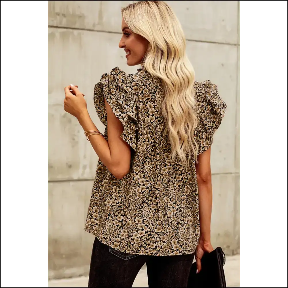 Floral Flutter Sleeve Notched Neck Blouse - Blouses on Sale Worldwide Shipping