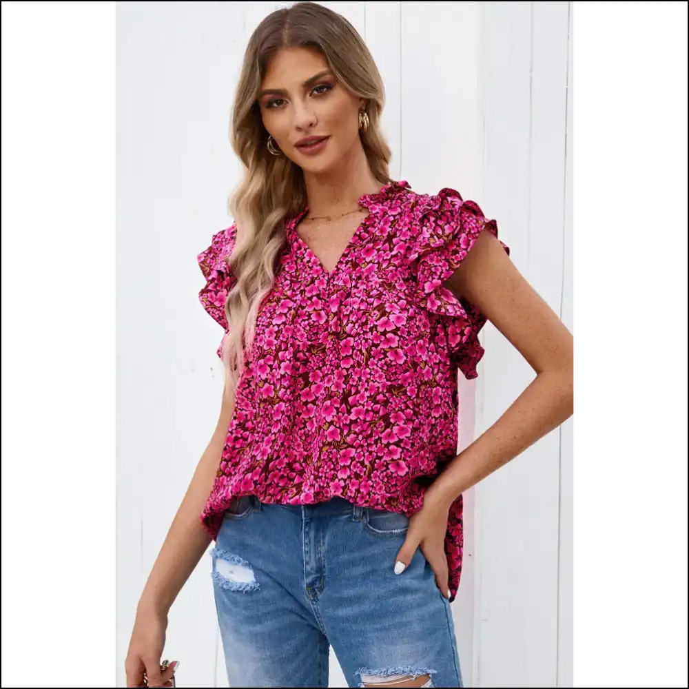 Floral Flutter Sleeve Notched Neck Blouse - Blouses on Sale Worldwide Shipping