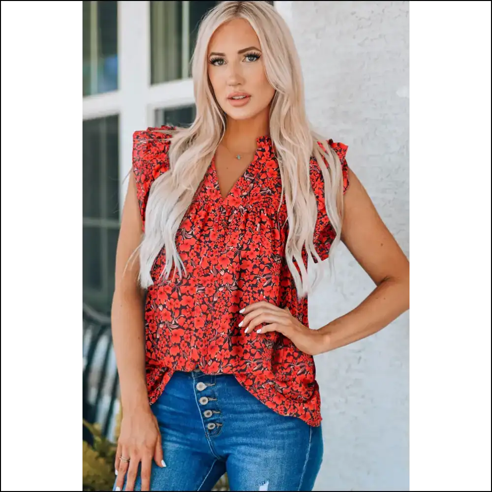Floral Flutter Sleeve Notched Neck Blouse - Red / s - Blouses on Sale Worldwide Shipping