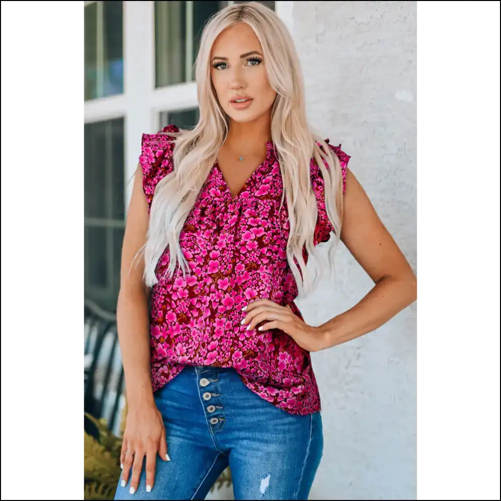 Floral Flutter Sleeve Notched Neck Blouse - Rose / s - Blouses on Sale Worldwide Shipping