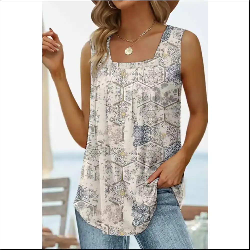 Floral Printed Square Neck Curved Hem Tank - Cream / s - Tops on Sale Worldwide Shipping