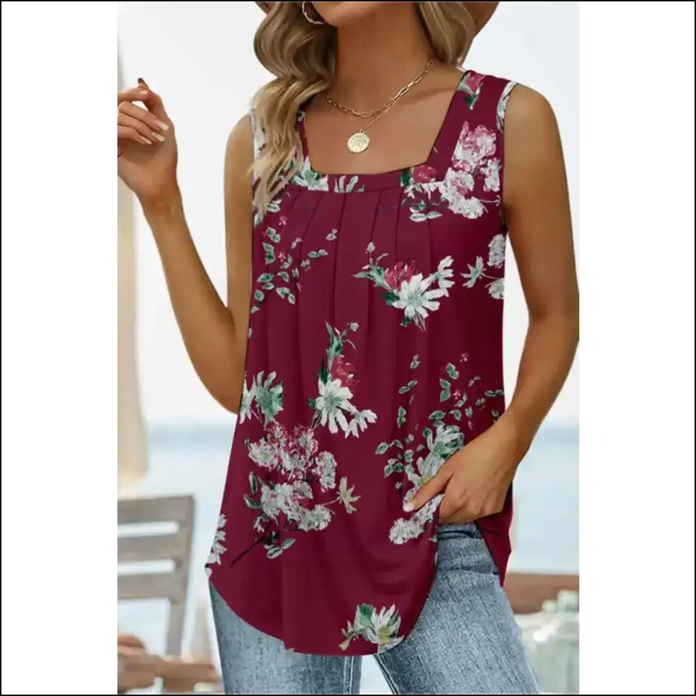 Floral Printed Square Neck Curved Hem Tank - Red / m - Tops on Sale Worldwide Shipping