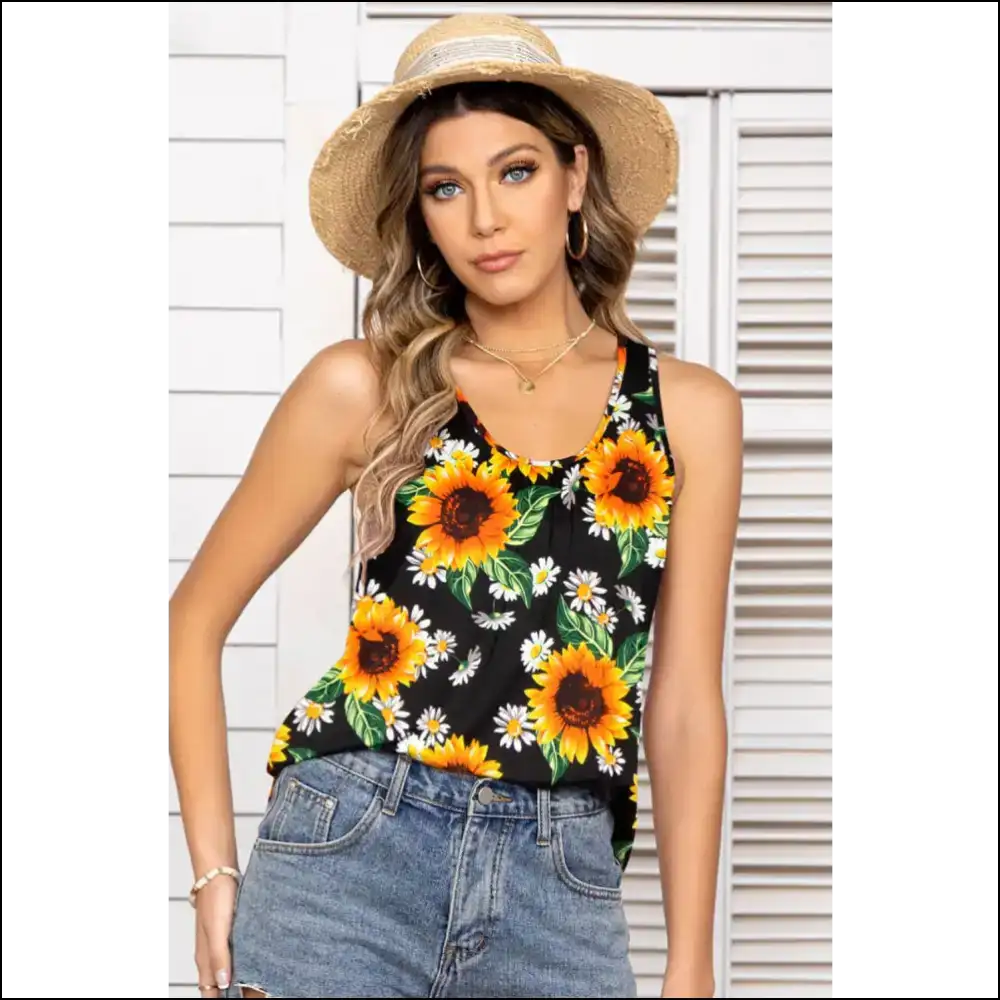 Floral Scoop Neck Tank Top - Chic & Casual Style - Black / l - Tops on Sale Worldwide Shipping