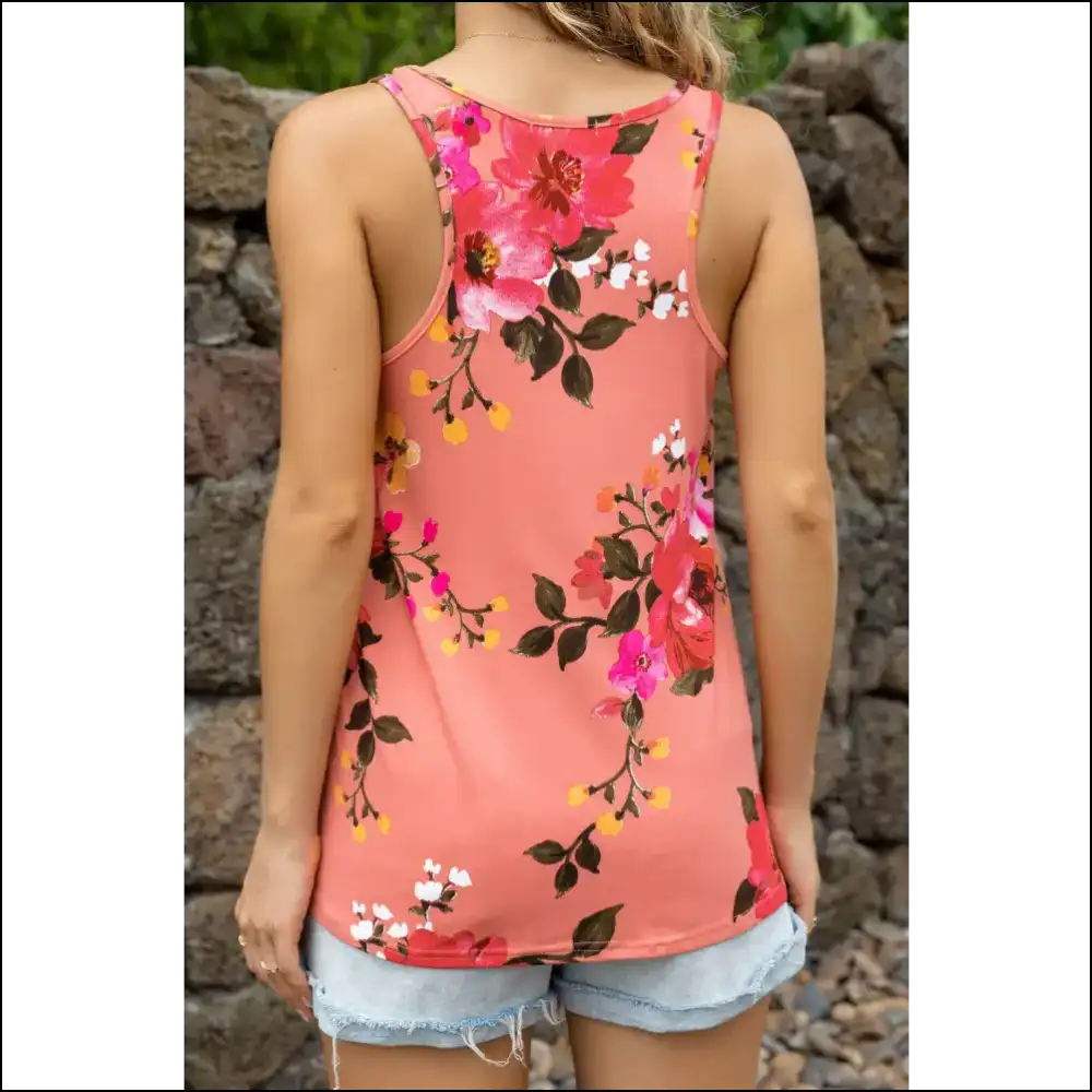 Floral Scoop Neck Tank Top - Chic & Casual Style - Coral / l - Tops on Sale Worldwide Shipping